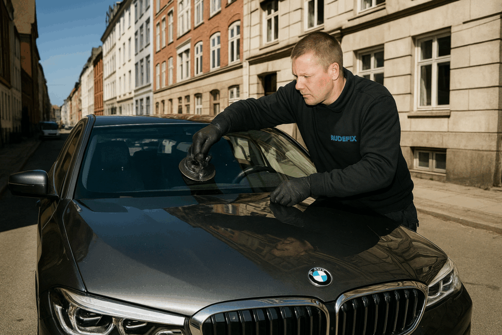 BMW-forrude udskiftes af certificeret Rudefix.dk-tekniker med ADAS-kalibrering og originale BMW-dele.