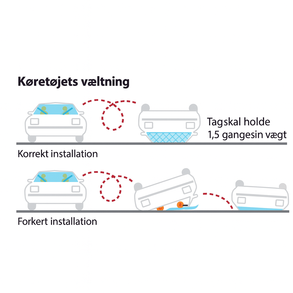 Infografik om udskiftning af bilruder, der viser hvordan korrekt installation påvirker køretøjets væltning, og hvorfor et korrekt monteret tag skal kunne holde 1,5 gange sin vægt.
