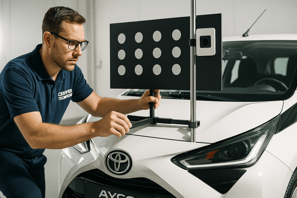 En certificeret tekniker, der kalibrerer avancerede ADAS-systemer kameraer og sensorer på en Toyota Aygo efter forrudeudskiftning, med fokus på teknisk præcision og bilsikkerhed.