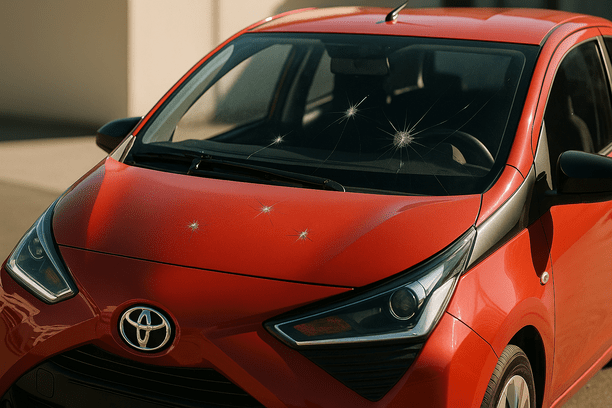 Billede af en Toyota Aygo med en beskadiget forrude, hvor små stenslag viser sig tydeligt og illustrerer behovet for hurtig udskiftning for at bevare sikkerheden.
