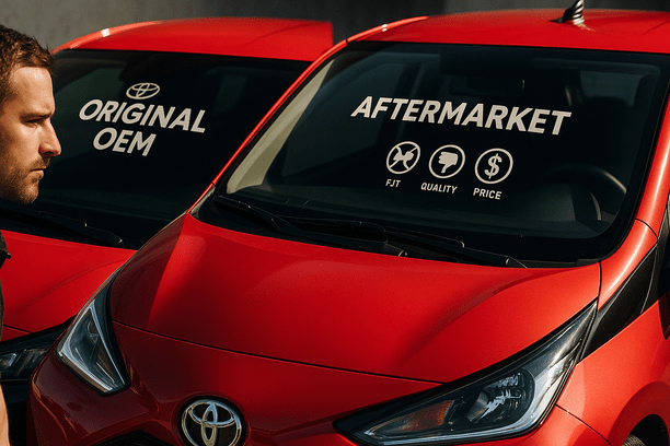 Illustration af to typer forruder til Toyota Aygo: en original OEM-forrude og en eftermarkedsforrude, med ikoner der viser forskelle i pasform, kvalitet og pris.