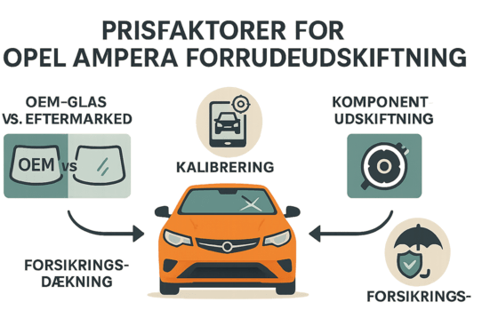 En infografik, der viser prisfaktorer for Opel Ampera forrudeudskiftning: OEM-glas vs. eftermarked, kalibrering, komponentudskiftning og forsikringsdækning, med tydelige ikoner for hver faktor.