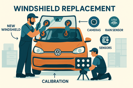 Tekniker monterer ny forrude på VW Up med sugekopper og kalibrering