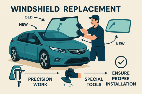 En Opel Ampera med en tekniker, der udskifter forruden ved at fjerne den gamle rude og installere en ny, med fokus på det præcise arbejde og brug af specialværktøj.