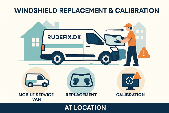 En mobil servicevogn fra Rudefix.dk parkeret ved en bolig eller arbejdsplads, hvor en tekniker udfører udskiftning og kalibrering af forruden på stedet.