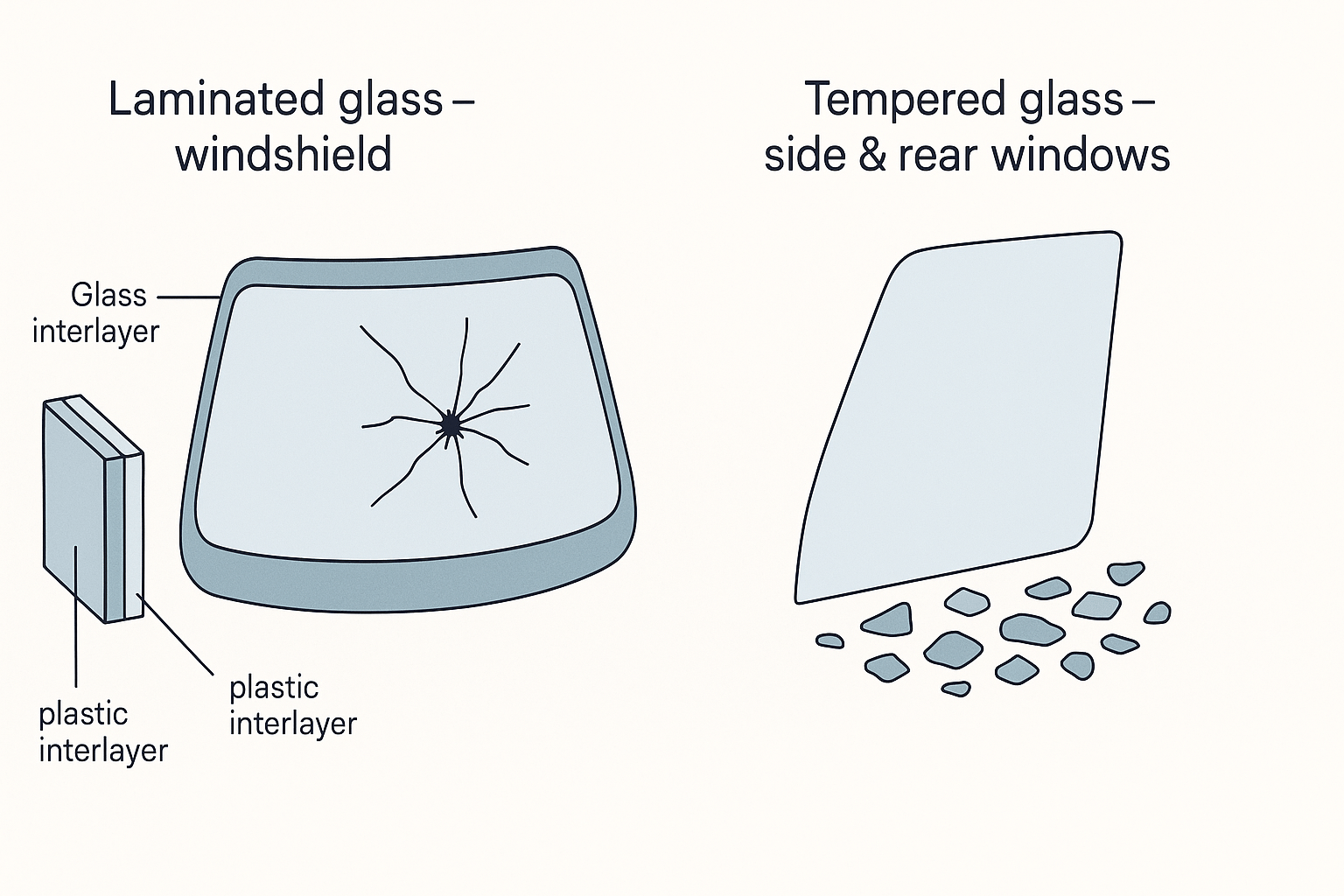 Illustration der sammenligner lamineret bilforrude og hærdet glas i side- og bagruder. Til venstre ses lamineret glas med flere lag og plastfolie, hvor revner holdes samlet efter slag. Til højre ses hærdet enkeltlagsglas, der splintres i små, stumpe fragmenter uden sensorer eller elektronik.