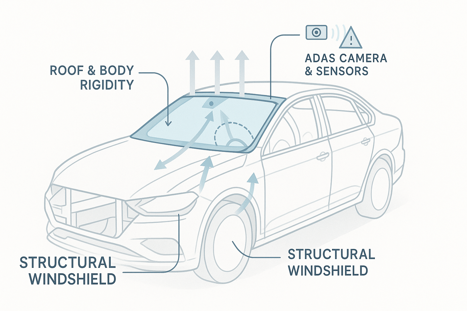 Teknisk illustration af en bil set fra skrå for- og sidevinkel, hvor forruden er fremhævet i blå som en bærende, strukturel komponent. Diagrammet viser A-stolper, taglinje og frontstruktur samt pile, der illustrerer forrudens bidrag til tagstyrke, karrosseristivhed og airbag-understøttelse. Enkle ikoner markerer ADAS-kamera og sensorer. Minimalistisk, skandinavisk rapportstil på lys baggrund.