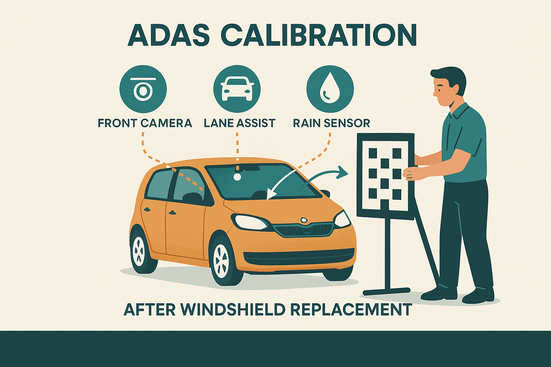 Illustration af avancerede ADAS-funktioner på Škoda Citigo forrude og tekniker der foretager kalibrering
