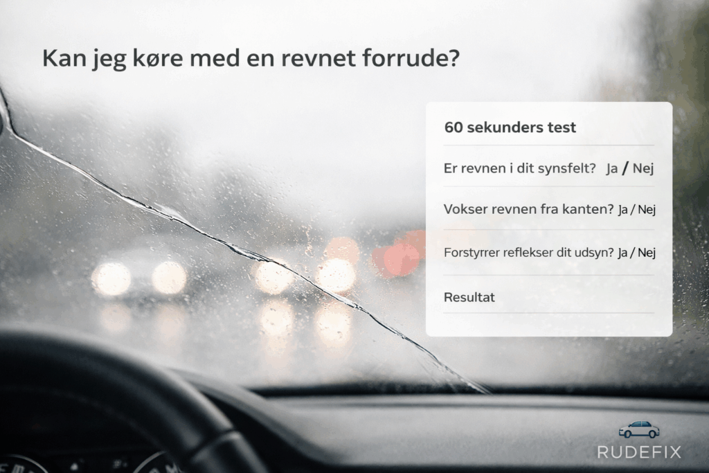 Nuværende billede: Feature image med revnet forrude set fra førersædet og 60 sekunders test til vurdering af om du kan køre videre