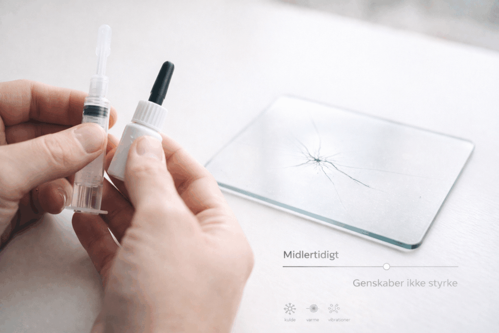 Hænder holder et DIY forrudereparationssæt med sprøjte og resin ved siden af en lille glasplade med revne, Rudefix, lyst skandinavisk bord, UI viser “Midlertidigt” og “Genskaber ikke styrke”.