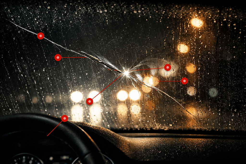 Revnet forrude i synsfelt med reflekser fra lygter, Rudefix anbefaler at stoppe og få hjælp hurtigt.